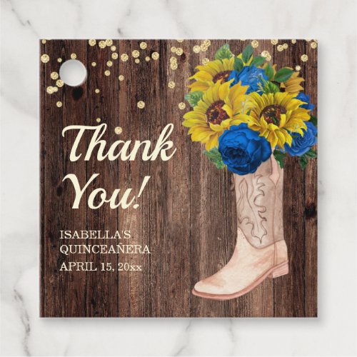 Sunflowers Blue Roses Barn Wood Boots Thank You Favor Tags