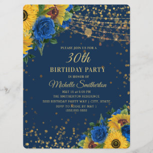 Sunflowers Blue Roses Gold Glitter 30th Birthday Invitation