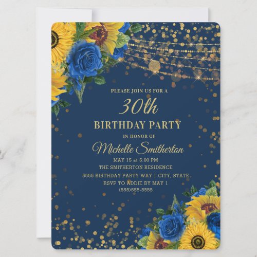 Sunflowers Blue Roses Gold Glitter 30th Birthday Invitation
