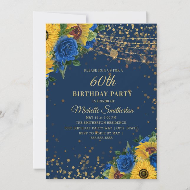 Sunflowers Blue Roses Gold Glitter 60th Birthday Invitation (Front)