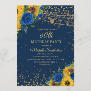 Sunflowers Blue Roses Gold Glitter 60th Birthday Invitation