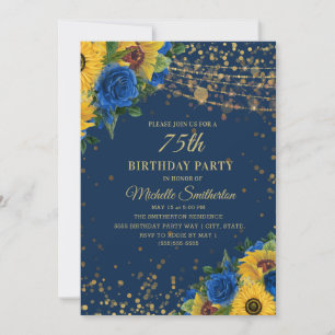 Sunflowers Blue Roses Gold Glitter 75th Birthday Invitation