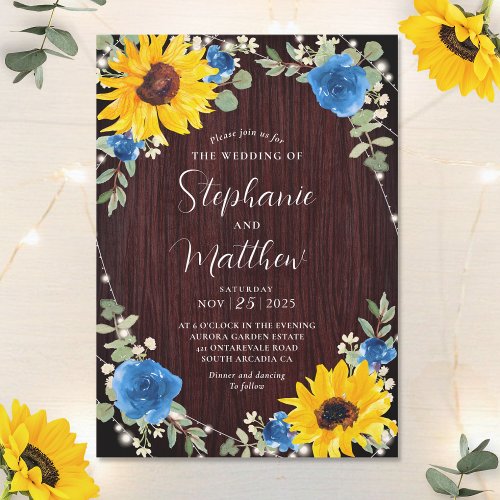 Sunflowers Blue Roses Lights Wood Wedding Invitation
