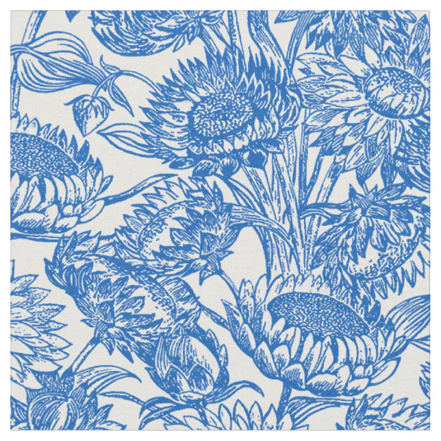 Spring Toile Blue Sunflowers Blue Toile Fabric | Zazzle