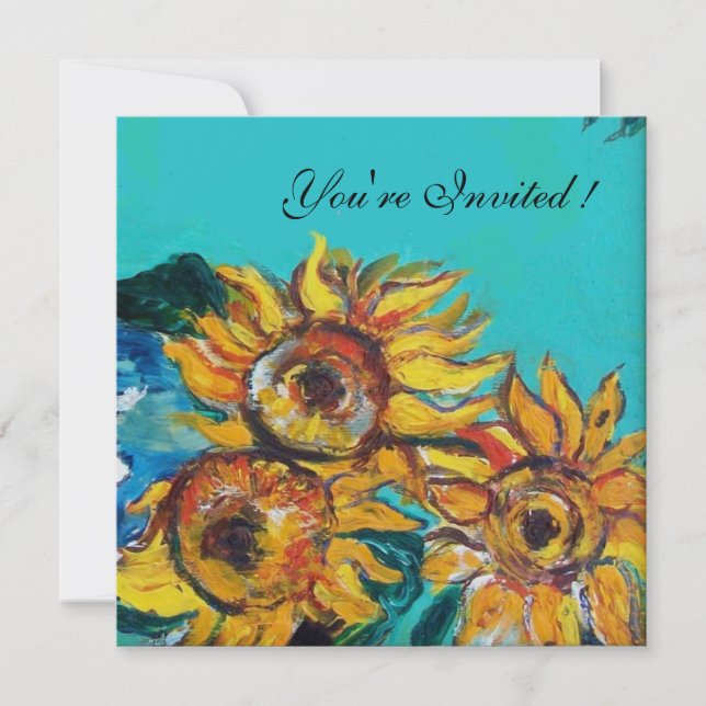SUNFLOWERS ,BLUE TURQUOISE SUMMER PARTY INVITATION (Front)