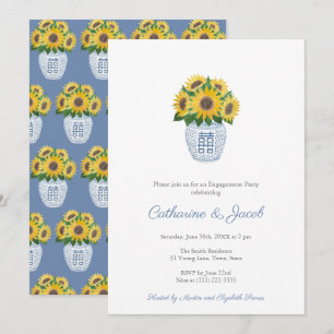 Sunflowers Blue White Ginger Jar Engagement Party Invitation