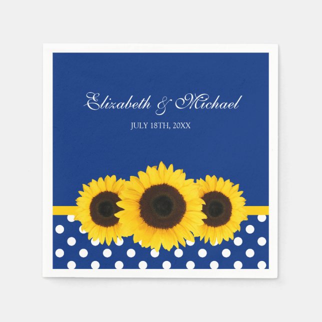 Sunflowers Blue White Polka Dot Wedding Paper Napkins (Front)