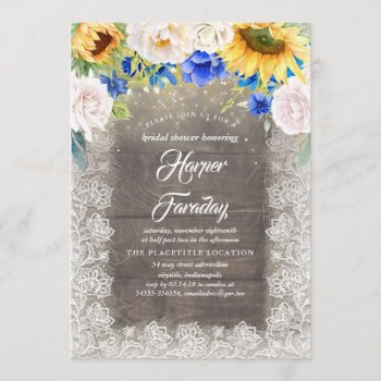 Sunflowers Blue White Rustic Fall Bridal Shower Invitation by lovelywow at Zazzle