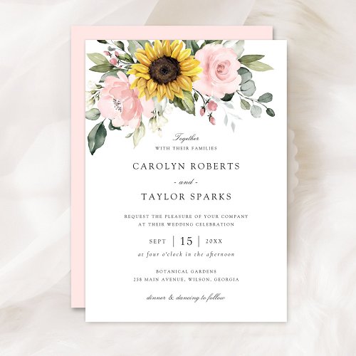 Sunflowers Blush Floral Greenery Romantic Wedding Invitation