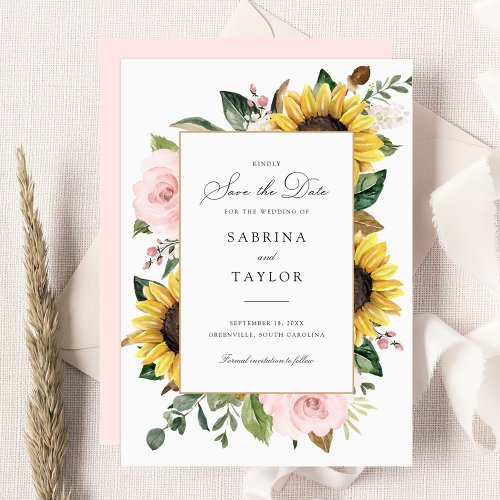 Sunflowers Blush Flowers Greenery Save the Date Invitation