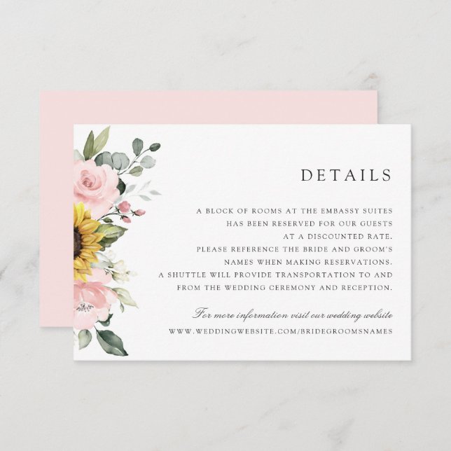 Sunflowers Blush Greenery Wedding Details Card (Front/Back)