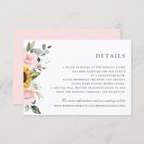 Sunflowers Blush Greenery Wedding Details Card