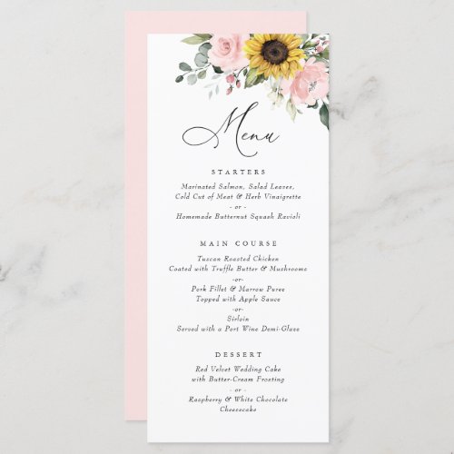 Sunflowers Blush Pink Floral Greenery Wedding Menu