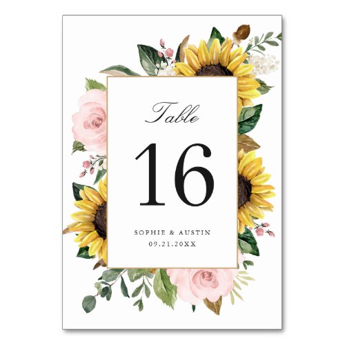 Sunflowers Blush Pink Floral Romantic Table Number