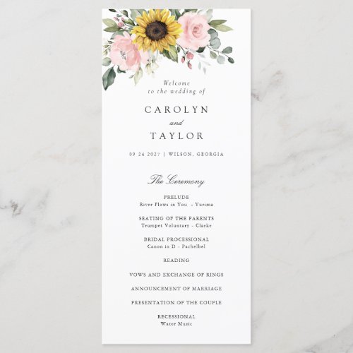 Sunflowers Blush Pink Floral Romantic Wedding Program