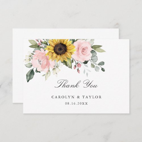 Sunflowers Blush Pink Floral Rustic Wedding Thank You Card