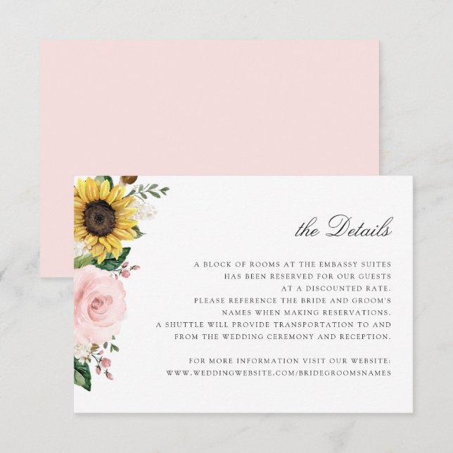Sunflowers Blush Pink Floral Wedding Details Card (Front/Back)