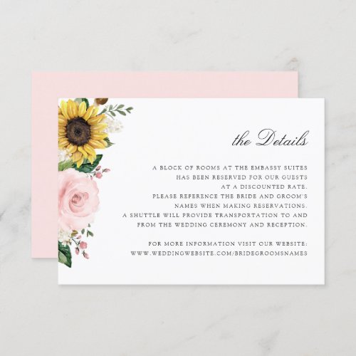 Sunflowers Blush Pink Floral Wedding Details Card