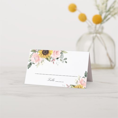 Sunflowers Blush Pink Floral Wedding Place Card