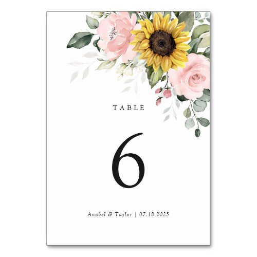 Sunflowers Blush Pink Floral Wedding Table Number