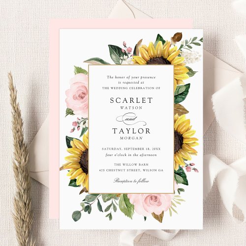 Sunflowers Blush Pink Flowers Greenery Wedding Invitation