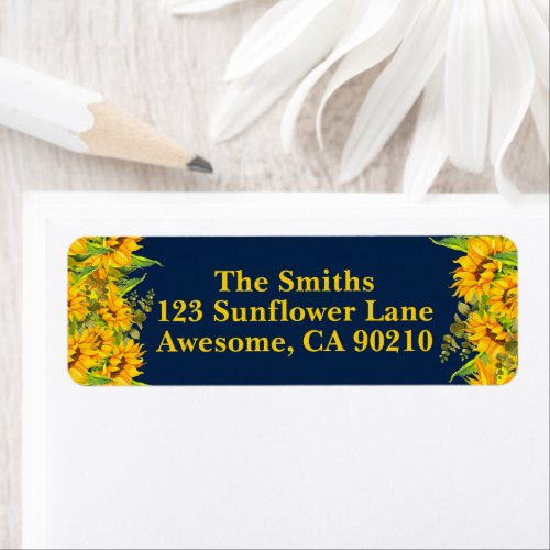 Sunflowers Boho Navy Wedding Return Address Label