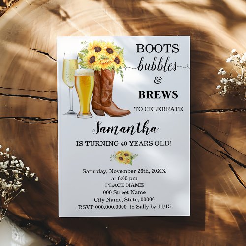 Sunflowers Boots Bubbles and Brews Adult Birthday Invitation