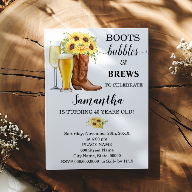 Sunflowers Boots Bubbles and Brews Adult Birthday Invitation (Creator Uploaded)