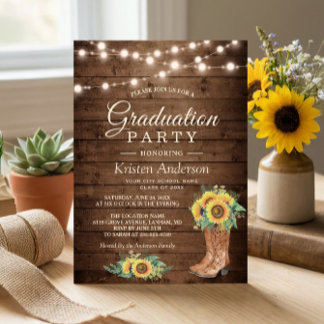 Sunflowers Boots String Lights Graduation Party Invitation