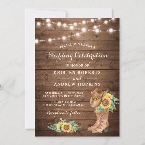 Sunflowers Boots String Lights Western Wedding Invitation - Rustic Sunflowers Boots Cowboy Cowgirl Floral Lights Wedding Invitation. 
(1) For further customization, please click the "customize further" link and use our design tool to modify this template. 
(2) If you prefer Thicker papers / Matte Finish, you may consider to choose the Matte Paper Type. 
(3) If you need help or matching items, please contact me.