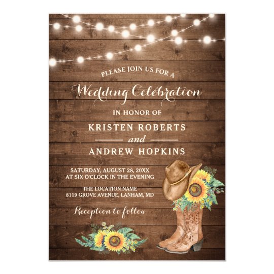 Sunflowers Boots String Lights Western Wedding Invitation Sunflowers Boots String Lights Western Wedding Invitation