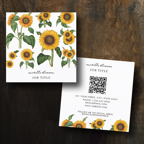 Sunflowers Botanical Foliage Greenery QR Code Square Business Card