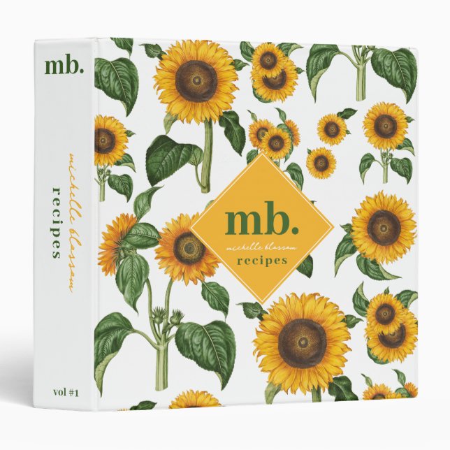 Sunflowers Botanical Foliage Monogram Recipe 3 Ring Binder (Front/Spine)