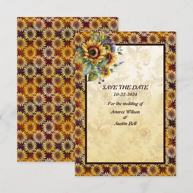 Sunflowers Bouquet Brown Gold  Save The Date (Front/Back)