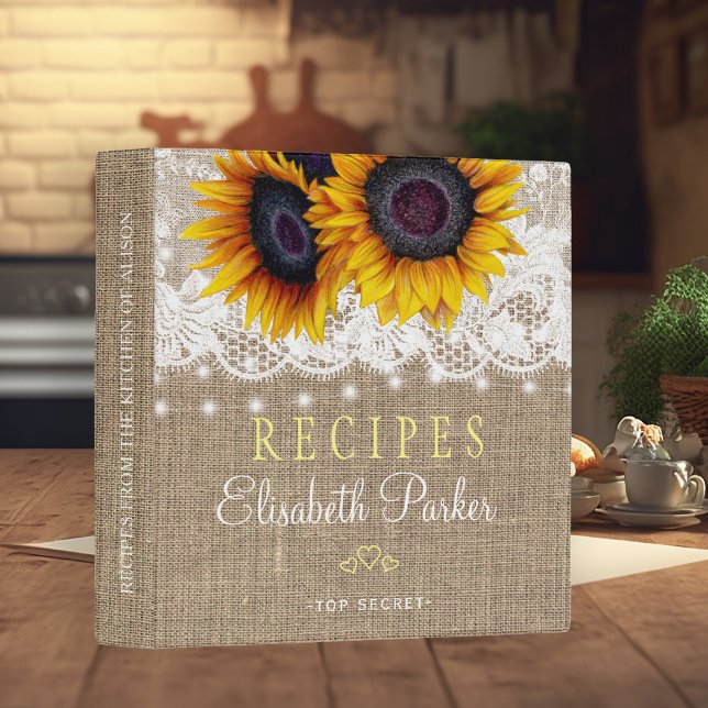 Sunflowers bouquet burlap lace rustic recipes 3 ring binder (Creator Uploaded)