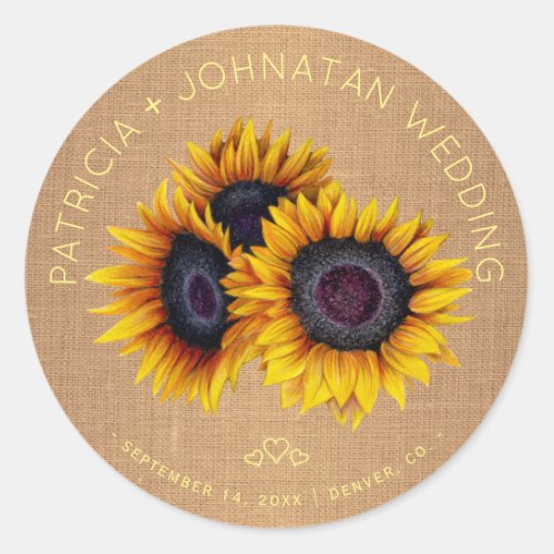 Sunflowers bouquet burnt orange gold wedding classic round sticker