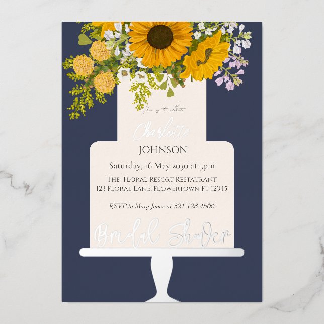 Sunflowers Bouquet Floral Cake Bridal Shower  Foil Invitation (Front)