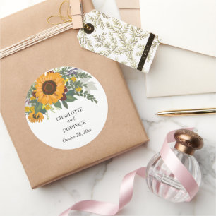 Sunflowers Bouquet Floral Couple Name Wedding Classic Round Sticker