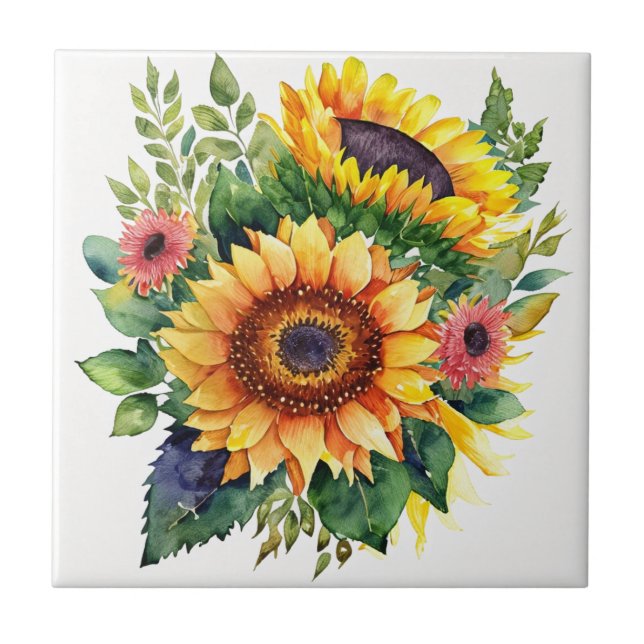 Sunflowers Bouquet - French Country Home Decor Ceramic Tile (Front)