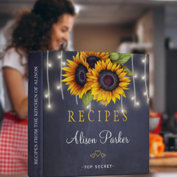 Sunflowers Bouquet Navy Chalkboard Rustic Recipes 3 Ring Binder by invitations_kits at Zazzle