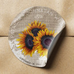 Sunflowers bouquet rustic burlap lace wedding classic round sticker<br><div class="desc">Editable text favor sticker featuring a rustic big beautiful sunflowers bouquet and vintage white lace on a beige faux burlap / canvas background. Ideal for your summer or autumn fall | elegant rustic country | outdoor backyard vintage traditional themed wedding. Personalize it with bride's and groom's names and wedding details!...</div>