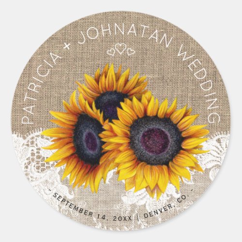 Sunflowers bouquet rustic burlap lace wedding classic round sticker