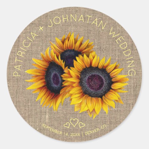 Sunflowers bouquet rustic burlap wedding classic round sticker