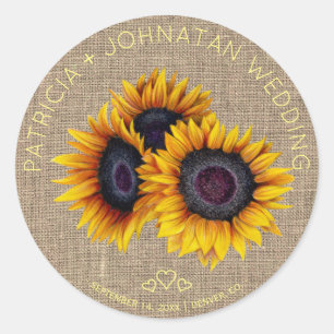Sunflowers bouquet rustic burlap wedding classic round sticker