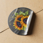 Sunflowers bouquet rustic chalkboard wedding classic round sticker<br><div class="desc">Editable text favor sticker featuring a rustic big beautiful sunflowers bouquet on a dark gray charcoal chalkboard background. Ideal for your summer or autumn fall | elegant rustic country | outdoor backyard themed wedding. Personalize it with bride's and groom's names and wedding details!</div>
