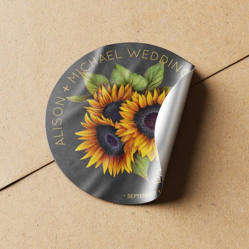 Sunflowers bouquet rustic chalkboard wedding classic round sticker