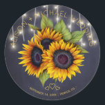 Sunflowers bouquet rustic chalkboard wedding classic round sticker<br><div class="desc">Editable text favor sticker featuring a rustic big beautiful sunflowers bouquet and strings of twinkle lights on a dark midnight navy blue chalkboard background. Ideal for your summer night or autumn fall | elegant rustic country | outdoor backyard themed wedding. Personalize it with bride's and groom's names and wedding details!...</div>