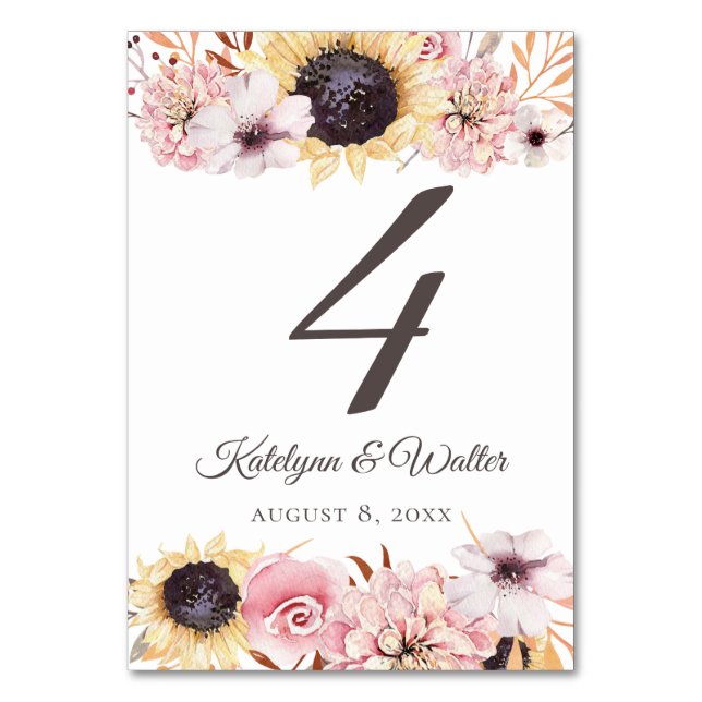 Sunflowers Bouquet Wedding Table Number (Front)