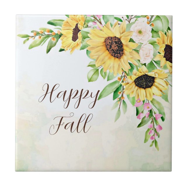 Sunflowers bouquet with customizable text  ceramic tile (Front)