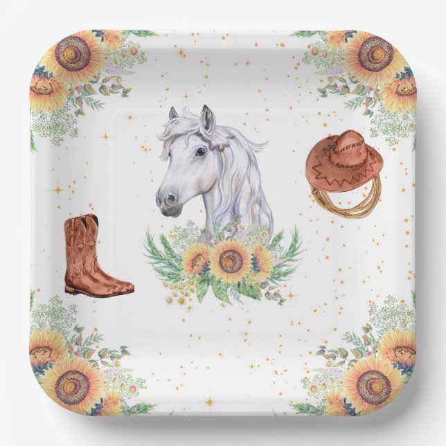 Sunflowers Boy Horse Birthday Party Paper Plates (Front)